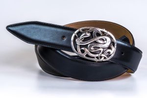 Leather belt with silver heart buckle